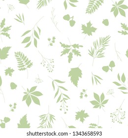 Autumn green leaves silhouettes seamless vector pattern with white background illustration.