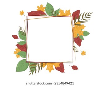 Autumn green, red and yellow leaves frame lettering. Vector llustration with place for text, photo. Thanksgiving Design element for invitation, card, web, background, social media, banners, flyers.
