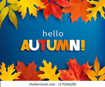 Autumn greeting background with colored leaves border. Vector illustration.