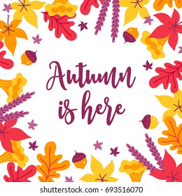 Autumn greeting card with acorn, oak and maple leaves on white background. Frame design. Perfect for holiday invitations