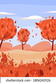 Autumn greeting card or banner background with beautiful forest or countryside landscape, flat cartoon vector illustration. Autumn nature and trees in ginger red tints.