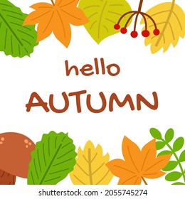 Autumn greeting card, banner or poster. Hello Autumn quote. Fall colors leaves, mushroom and berries. Seasonal frame for any text. Print for design, decor, clothes, post, sale information