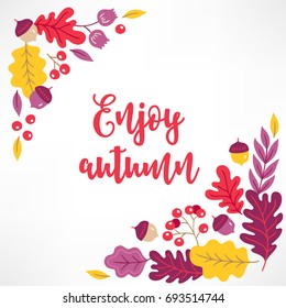 Autumn greeting card with berry, acorn, rowan and oak leaves on white background. Corner design. Perfect for holiday invitations