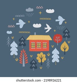 Autumn greeting card with birds, clouds, trees, house on dark blue background. Circle ornament. Perfect for seasonal holidays. Vector illustration