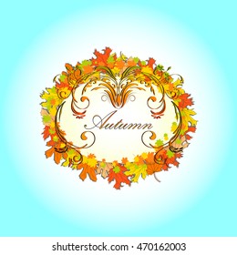 Autumn greeting card with blue background and border of colored maple leaves and abstract floral ornament