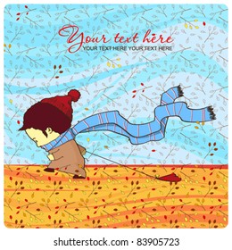 Autumn greeting card with boy,heart and branches. Vector. Place for your text.