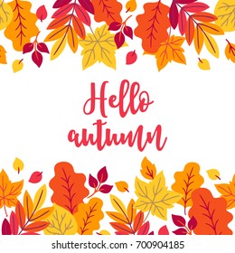 Autumn greeting card with branches, oak and maple leaves on white background. Floral border. Perfect for holiday invitations