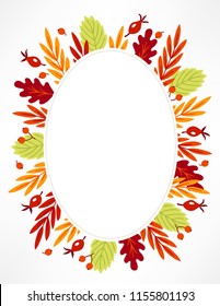 
Autumn greeting card with briar, berries, oak leaves and oval blank label with copy space. Perfect for holiday invitations.