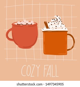 Autumn greeting card, cafe, menu, banner. Cozy fall lettering with mesh background and two cups of hot chocolate, cacao, coffee with marshmallows and heavy cream.