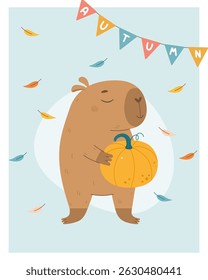 Cartão de saudação de outono com capivara segurando abóbora