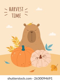 Autumn greeting card with capybara and pumpkins