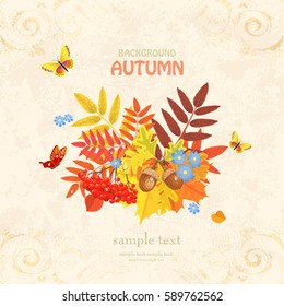 Autumn greeting card with colorful fall leaves and butterflies on vintage background