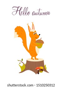 Autumn greeting card with cute cartoon squirrel. Vector illustration template