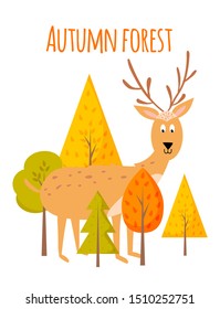 Autumn greeting card with cute cartoon dear. Vector illustration template