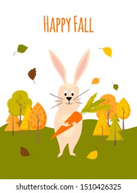 Autumn greeting card with cute cartoon forest animals (fox, hedgehog, dear, bear, squirrel, rabbit) and garland with leaves and mushrooms. Vector illustration template