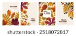 Autumn, greeting card design, natural leaf and foliage background. Seasonal posters set, postcard templates with fall leaves pattern. Vertical autumnal postcards. Botanical flat vector illustrations