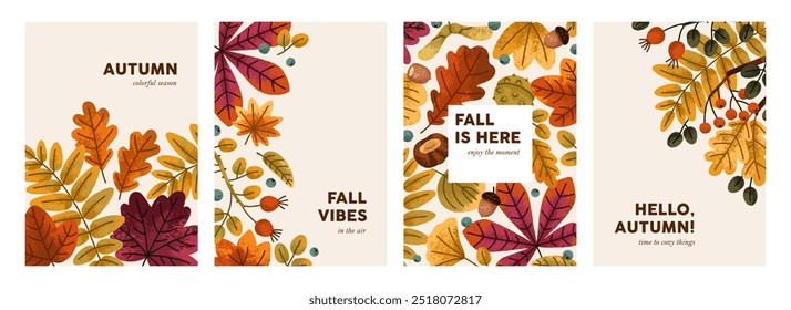 Autumn, greeting card design, natural leaf and foliage background. Seasonal posters set, postcard templates with fall leaves pattern. Vertical autumnal postcards. Botanical flat vector illustrations