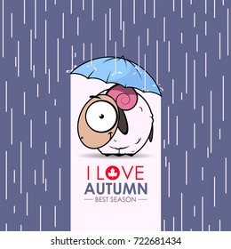Autumn greeting card with funny animal character.
