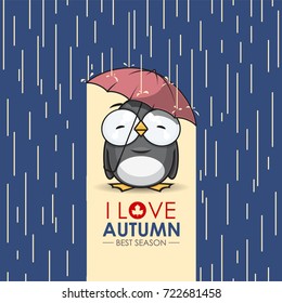 Autumn greeting card with funny animal character.