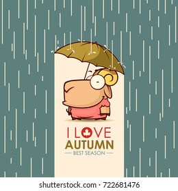 Autumn greeting card with funny animal character.