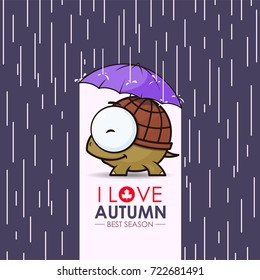 Autumn greeting card with funny animal character.