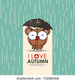 Autumn greeting card with funny animal character.