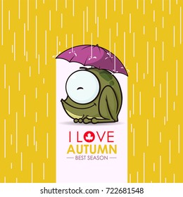 Autumn greeting card with funny animal character.