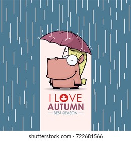 Autumn greeting card with funny animal character.