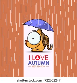 Autumn greeting card with funny animal character.