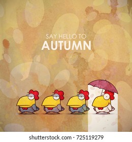 Autumn greeting card with funny animal character.