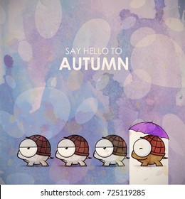 Autumn greeting card with funny animal character.
