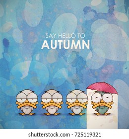 Autumn greeting card with funny animal character.