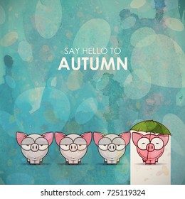 Autumn greeting card with funny animal character.
