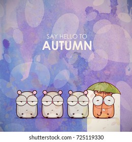 Autumn greeting card with funny animal character.