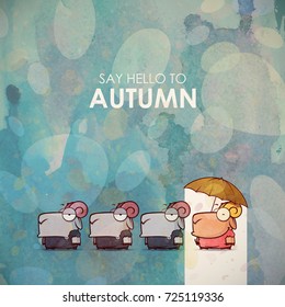 Autumn greeting card with funny animal character.