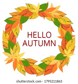 Autumn greeting card "hello autumn". Featuring autumn leaves.