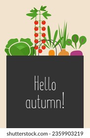 Autumn greeting card. 
Illustration of the shopping bag full of vegetables