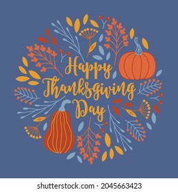 Autumn greeting card with leaves, berries, pumpkins on blue background. Circle ornament in scandinavian style. Perfect for seasonal holidays. Vector illustration