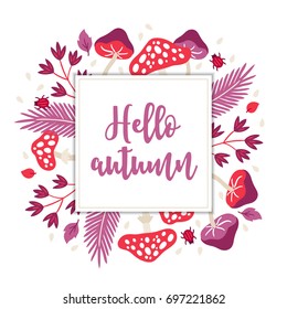Autumn greeting card with mushroom, fir branches, rain drops, bugs, leaves and square label on white background. Perfect for holiday invitations
