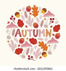 Autumn greeting card with mushrooms, berries, oak leaves, fir branches, acorns, stars on white background. Circle ornament in scandinavian style. Perfect for seasonal holidays. Vector illustration