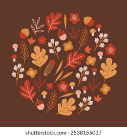 Tarjeta de felicitación de otoño con setas, hojas de roble, bellotas, flores, bayas sobre fondo marrón. Ornamento de círculo en estilo escandinavo. Perfecto para el Día de Acción de Gracias y vacaciones de temporada