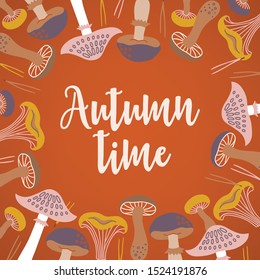 Autumn greeting card with mushrooms and spruce needles on orange background. Floral frame in scandinavian style. Perfect for seasonal invitation