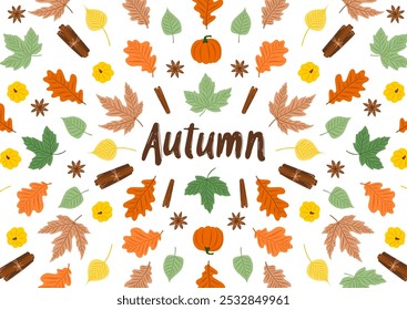 Autumn greeting card with oak and maple leaves, pumpkin, seasonal spice cinnamon, and star anise. Perfect for autumn holidays, Thanksgiving Day.