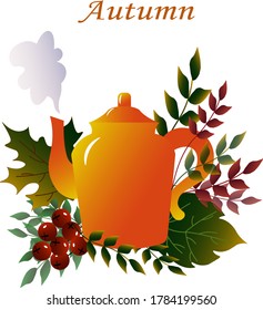 Autumn greeting card with orange teapot and leaves on a white background. Vector illustration. 