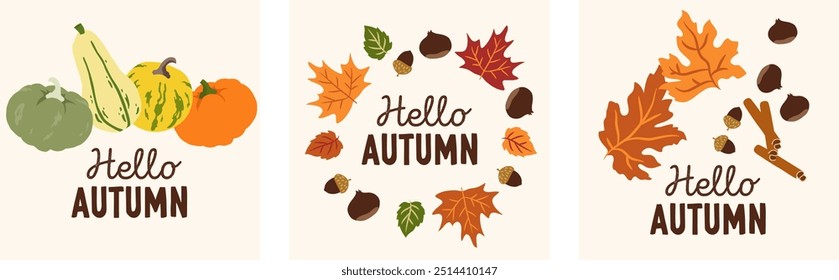 Autumn greeting card poster template. Hello fall season, thanksgiving invitation. Minimalist postcard nature leaves, pumpkins, abstract shapes. Vector illustration in flat cartoon style