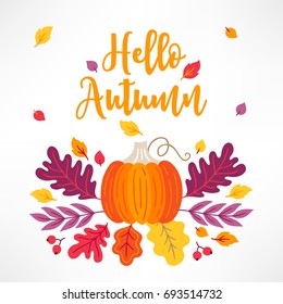 Autumn greeting card with pumpkin, oak leaves, berry on white background. Perfect for holiday invitations