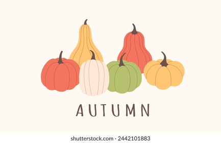 Autumn greeting card with pumpkins. Autumn aesthetics. Vector illustration in flat style