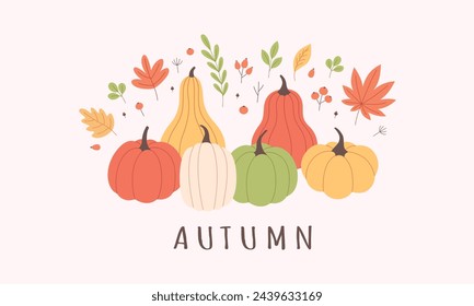 Autumn greeting card with pumpkins, autumn leaves, rosehip, viburnum. Vector illustration in flat style