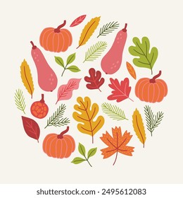 Autumn greeting card with pumpkins and leaves on white background. Circle ornament in scandinavian style. Perfect for Thanksgiving Day and seasonal holidays