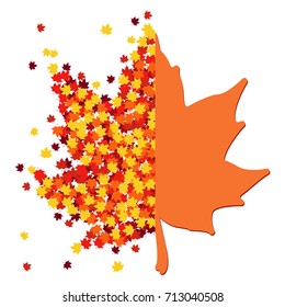 Autumn greeting card with scattered maple leaves and half maple leaf shape. Design concept poster in traditional Fall colors - orange, yellow, red, brown. Vector confetti leaf splash.